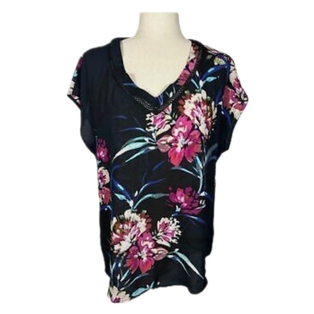 Valerie Stevens Womens XL Floral V-Neck Blouse Navy Blue Pink Crochet Lace Trim‎